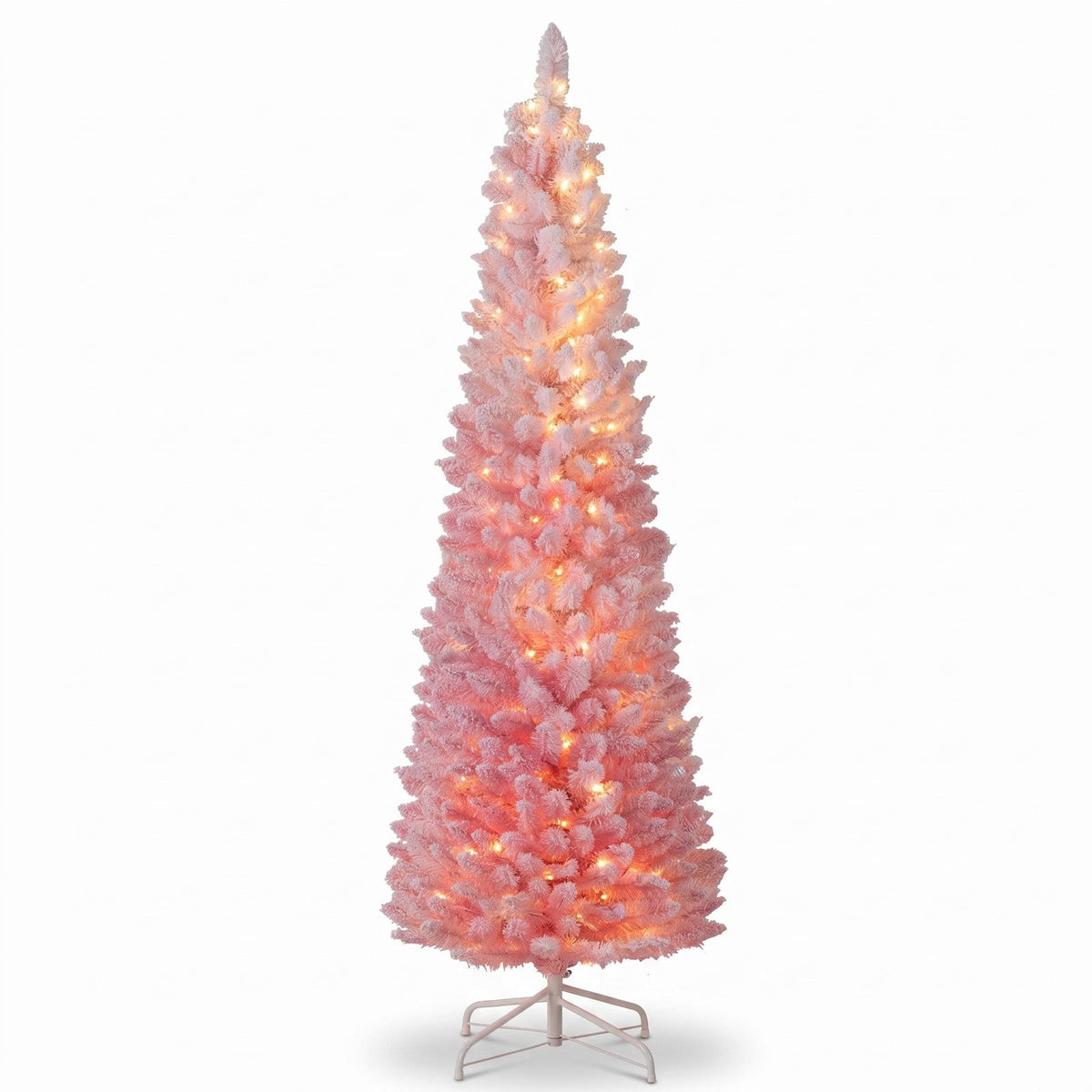 Airfind 6 FTSnow-flocked Artificial Pink Christmas Tree Pre, PVC Metal Tree Height 6 ft / 7 ft Tree Width 1.6 ft / 2 ft Frame, Pink