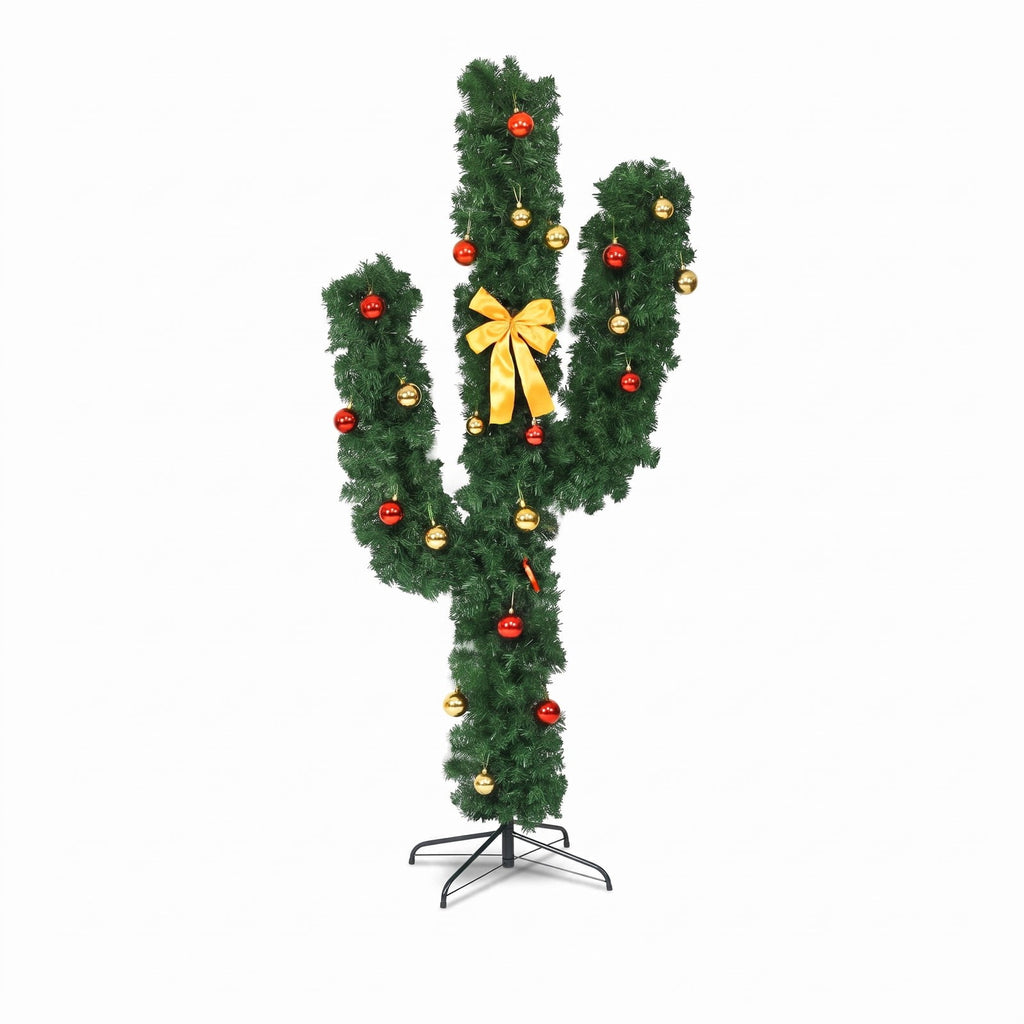 Airfind 6 Feet Artificial Cactus PVC Christmas Tree with LED Lights and Ball Ornaments-6 ft, PVC Metal Frame, Green