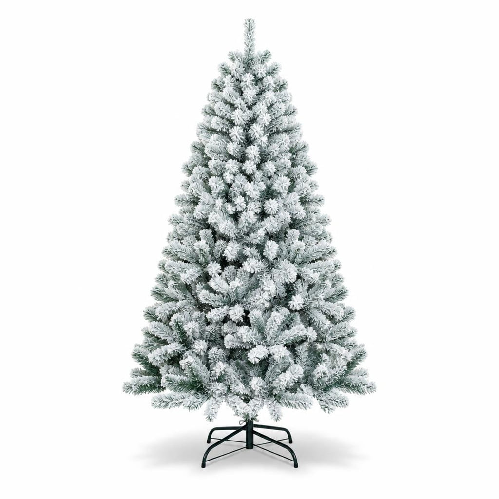 Airfind 6 Feet Artificial Snow Decorated Flocked Hinged Christmas Tree with Metal Stand, White, Diameter of Metal Stand 18 Inch 20 Inch