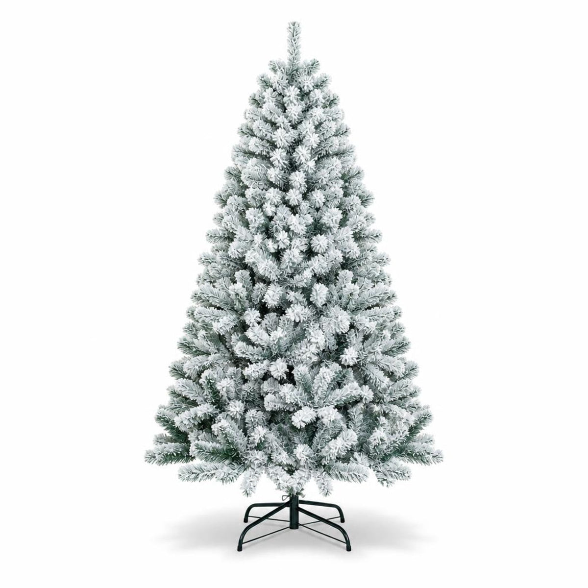 Airfind 6 Feet Artificial Snow Decorated Flocked Hinged Christmas Tree with Metal Stand, White, Diameter of Metal Stand 18 Inch 20 Inch