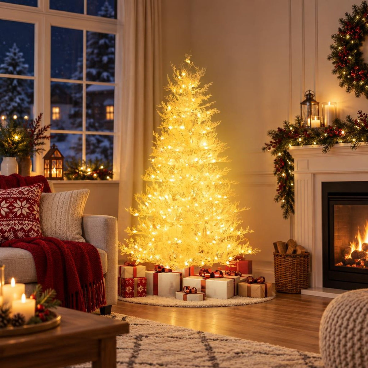Airfind 6 Feet Artificial Xmas Tree with 383 PE Branch Tips and 300 LED Lights, PE flocking metal Tree height 6 ft Tree width 3.3 ft Frame, White