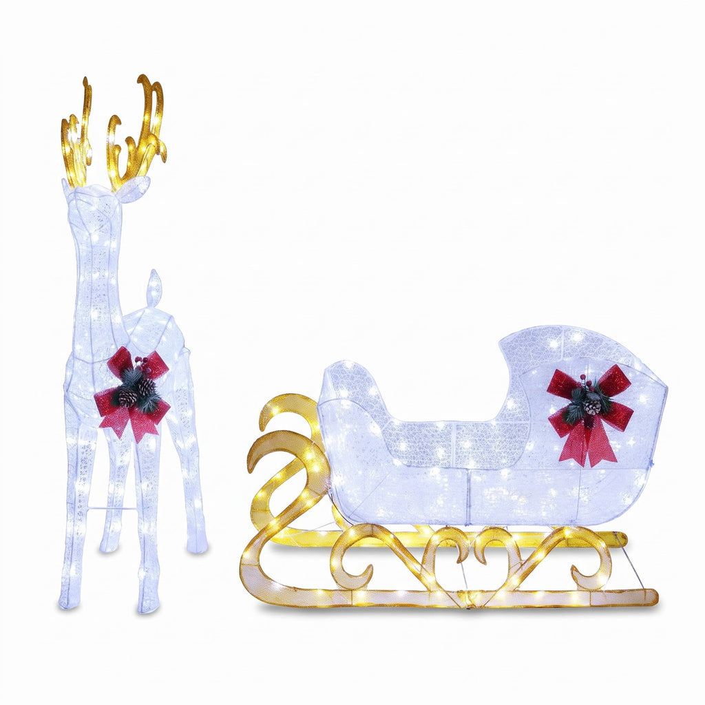 Airfind 6 Feet Christmas Lighted Reindeer and Santas Sleigh Decoration with 4 Stakes, Steel tinsel Frame, 19.5 x 72.5 x 48.5 Footprint, White