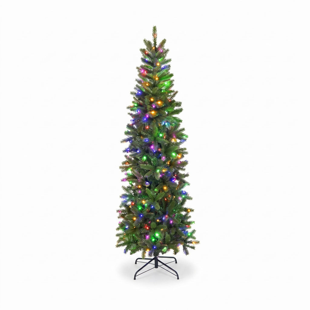 Airfind 6 Feet Pre-Lit Artificial Christmas Pencil Tree with 648 PVC PE Branch Tips, PVC PE metal Frame, 29.13 x 29.13 x 70.87 inch Footprint, Green