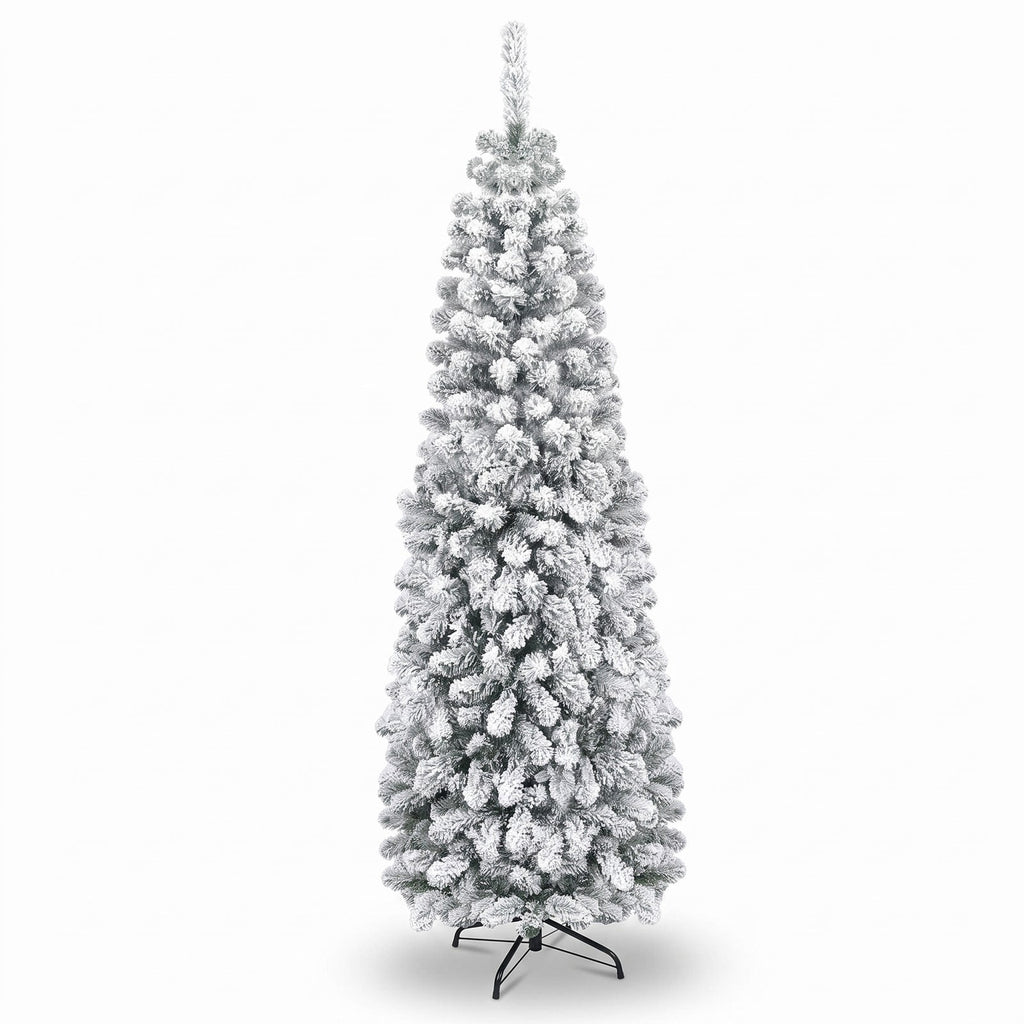 Airfind 6 Feet Unlit Hinged Snow Flocked Artificial Pencil Christmas Tree with 500 Branch Tip, PVC Metal Tree Height 6 ft Tree Width 2 ft Frame