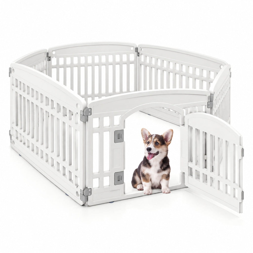 Airfind 6-Panel Plastic Dog Playpen 24 Inch Indoor Outdoor Pet Fence with Locking Door, HDPE Rectangular-shaped Playpen Frame, White