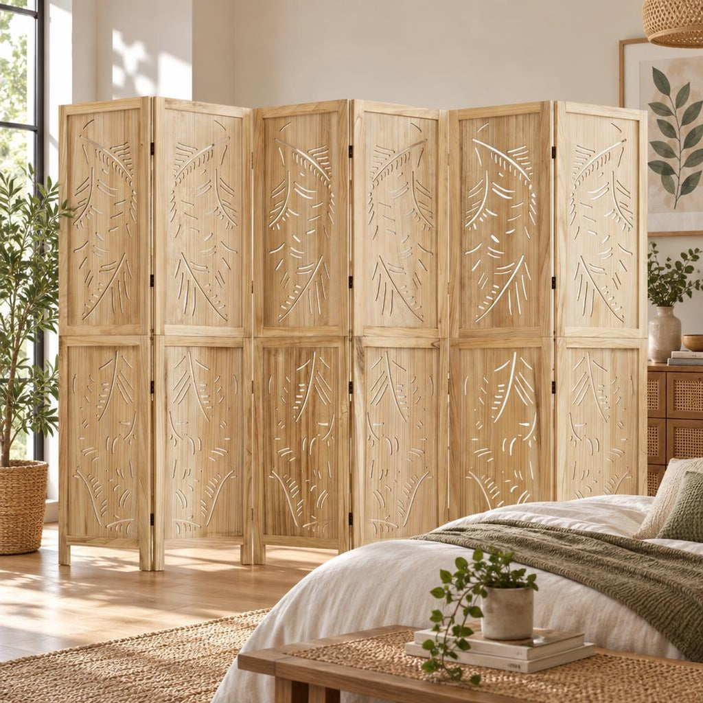 Airfind 6-Panel Wooden Room Divider with Palm Leaf Design and Paulownia Frame for Home, 67in x 16in x 5in Footprint, Natural