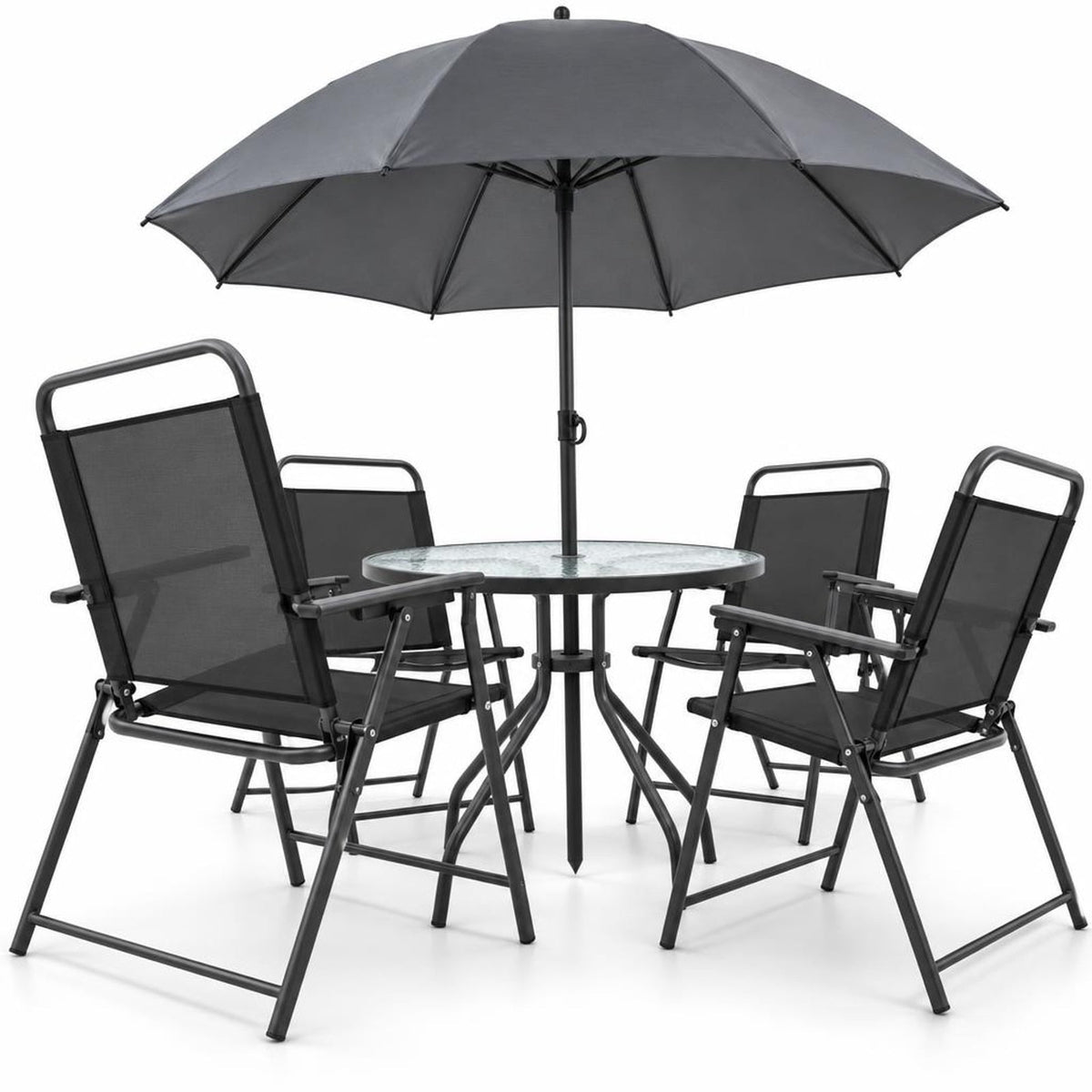 Airfind 6 Pieces Patio Dining Set Folding Chairs Glass Table Tilt Umbrella for Garden, 110 lbs Capacity, Steel fabric tempered glass Frame, Grey