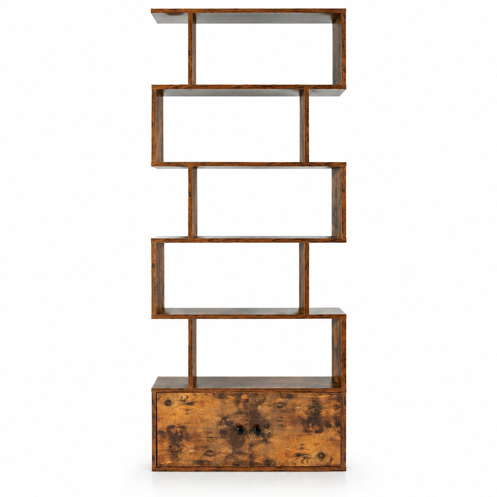 Airfind 6-Tier S-Shaped Freestanding Bookshelf with Cabinet and Doors, Engineered Wood with Engineered Wood and MDF Construction, Coffee