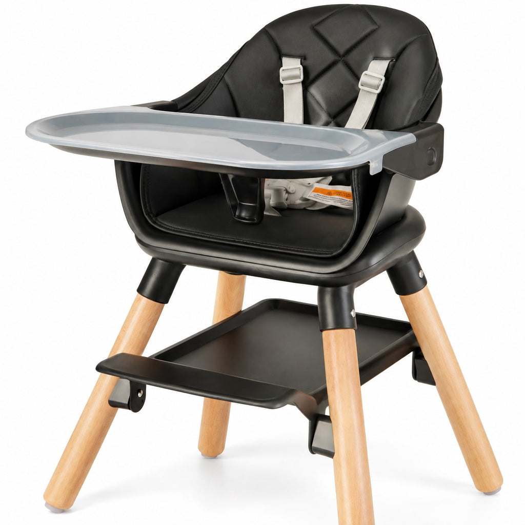 Airfind 6 in 1 Convertible Highchair with Safety Harness and Removable Tray, PP PU Beech Frame, 24.5 x 23 x 35.5 Footprint, Black