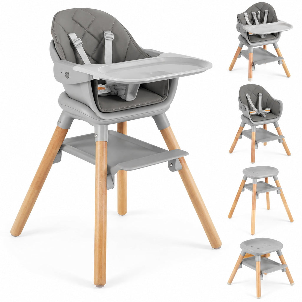 Airfind 6 in 1 Convertible Highchair with Safety Harness and Removable Tray, PP PU Beech Frame, 24.5 x 23 x 35.5 Footprint, Gray