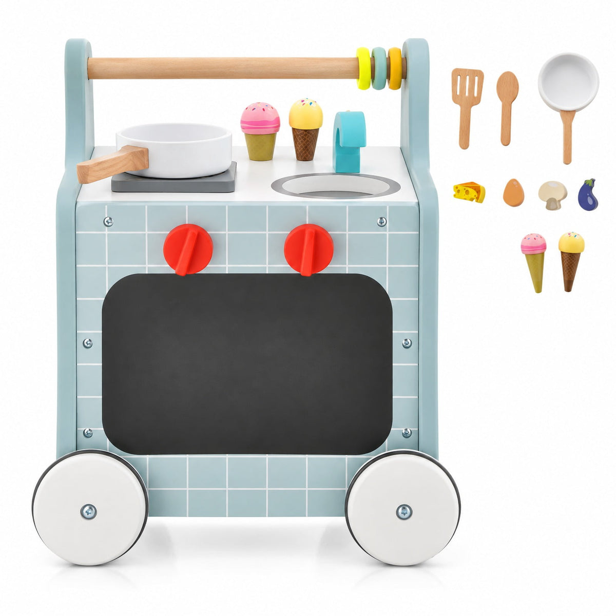 Airfind 6-in-1 Wooden Baby Stroller with Play Kitchen for Kids Over 12 Months, MDF Beech Wood Plastic Frame, 12 x 13.5 x 16.5 Footprint, Blue