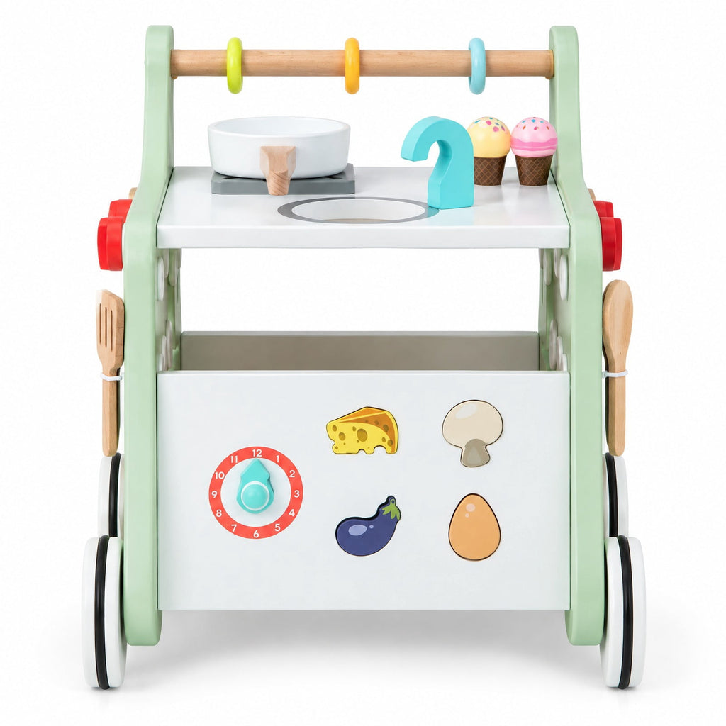 Airfind 6-in-1 Wooden Baby Stroller with Play Kitchen for Kids Over 12 Months, MDF Beech Wood Plastic Frame, 12 x 13.5 x 16.5 Footprint, Green