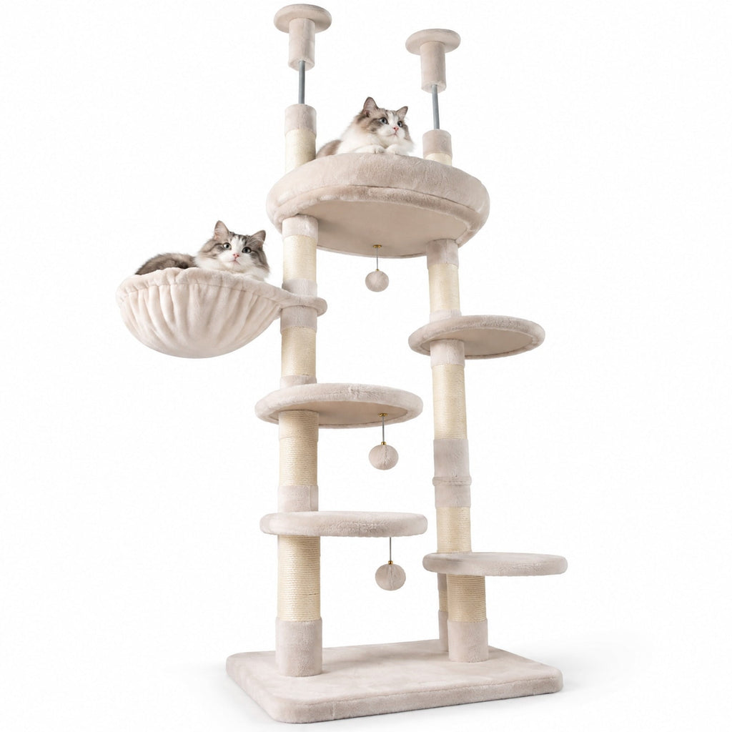 Airfind 6-tier Floor to Ceiling Cat Tree with Plush Bed and Sisal Scratching Posts, 33 kg Capacity, Plywood Plush Metal Sisal Rope Frame, Beige