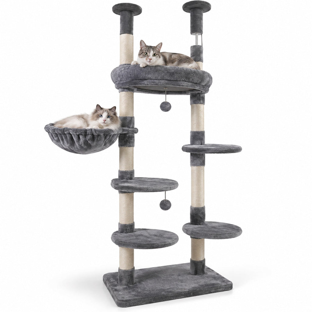 Airfind 6-tier Floor to Ceiling Cat Tree with Plush Bed and Sisal Scratching Posts, 33 kg Capacity, Plywood Plush Metal Sisal Rope Frame, Grey