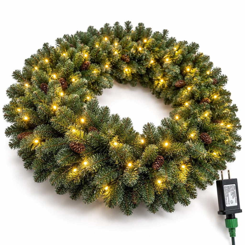 Airfind 60 Inch Pre-Lit Artificial Christmas Wreath 200 LED Warm White Lights-1 Piece, PVC Metal Frame, 60 x 60 Footprint, White