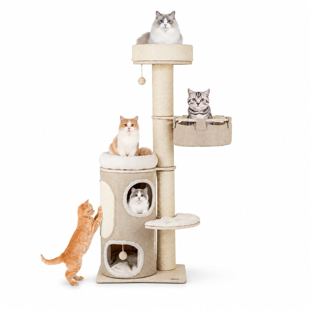 Airfind 61 Inches Cat Tree for Indoor Cats with 2-stoery Condo and Top Perch, 33 lbs Capacity, Natural