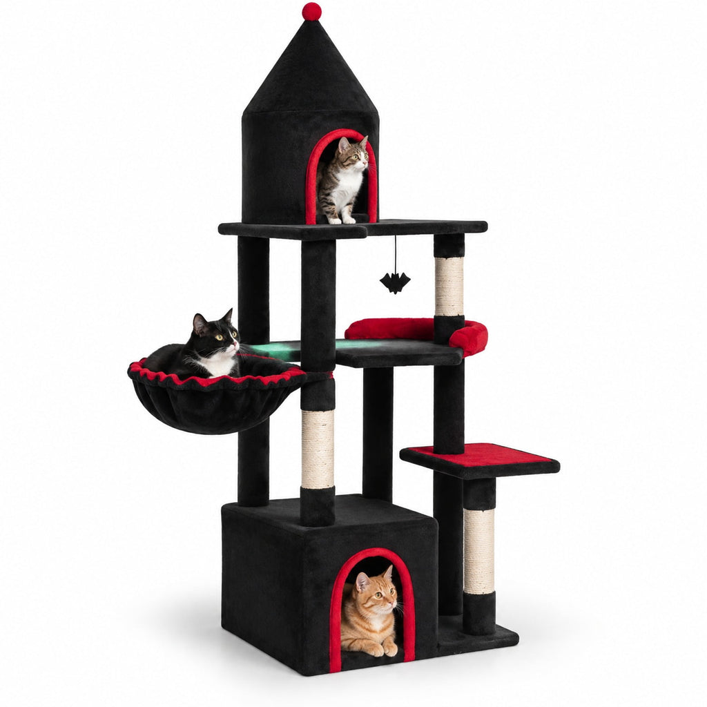 Airfind 63 Inch Gothic Cat Tree with Condo and Top Cave for Large Cats 20+ LBS, 22 lbs Capacity, Black