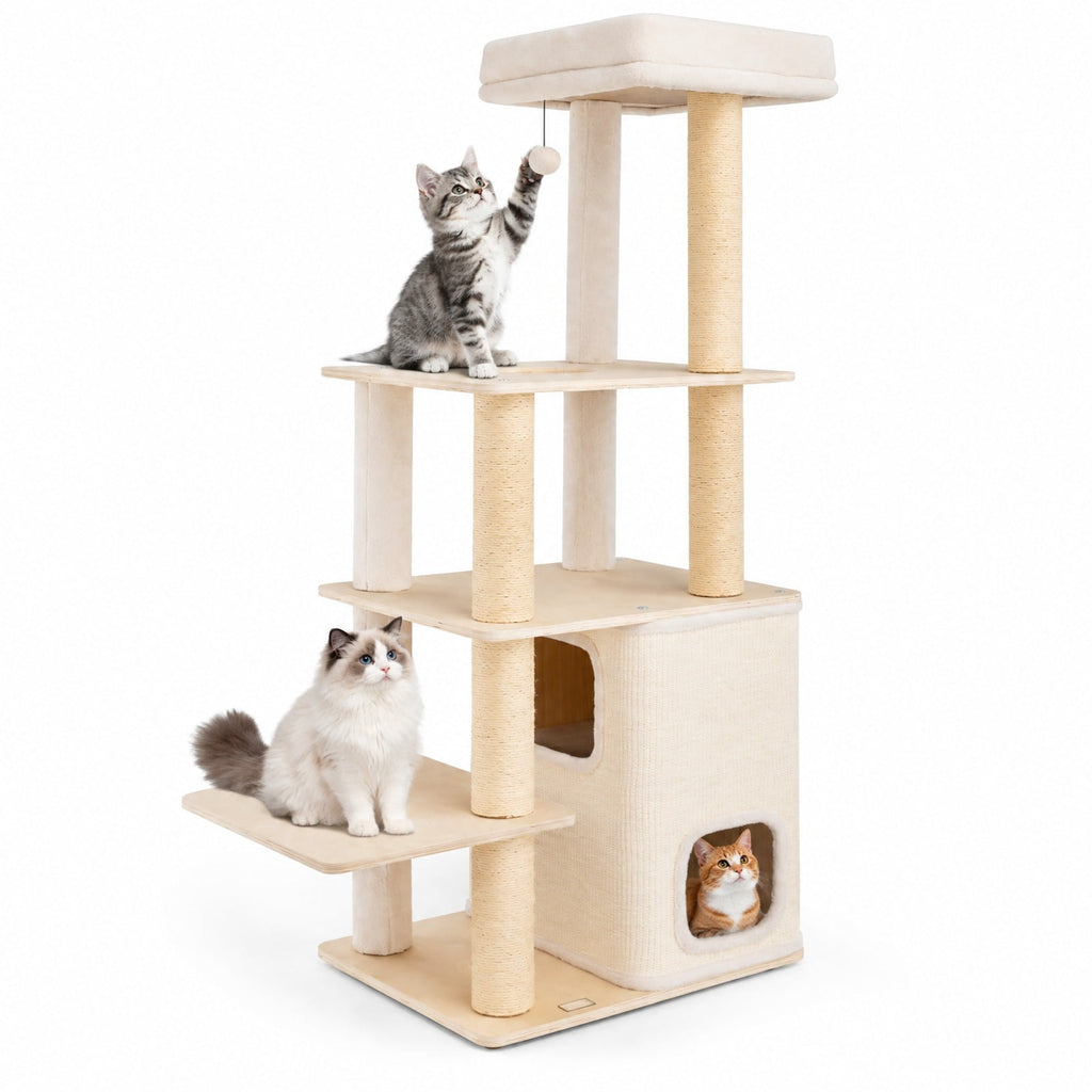 Airfind 63 Inch Tall Wooden Cat Tree with 2-Story Condo and Plush Padded Top Perch, 44 lbs Capacity, 23in x 19in x 63in Condo Footprint, Natural