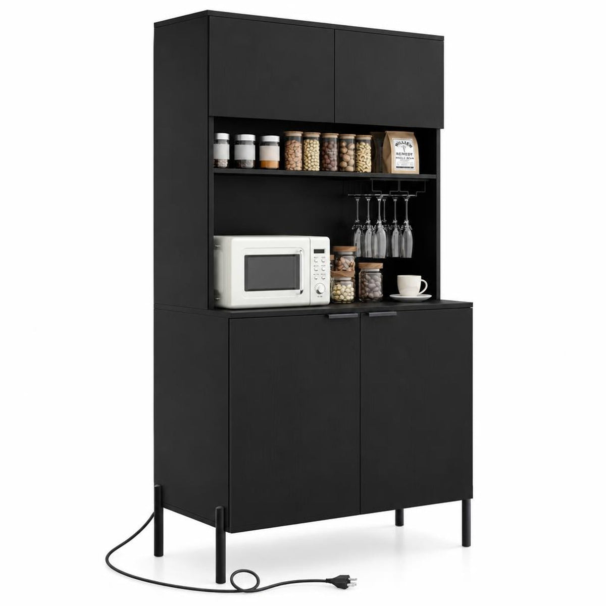 Airfind 64.5 Inches Tall Kitchen Pantry Cabinet with Charging Station and Wine Glass Rack, 90 lbs Capacity, Engineered Wood MDF Metal Frame, Black