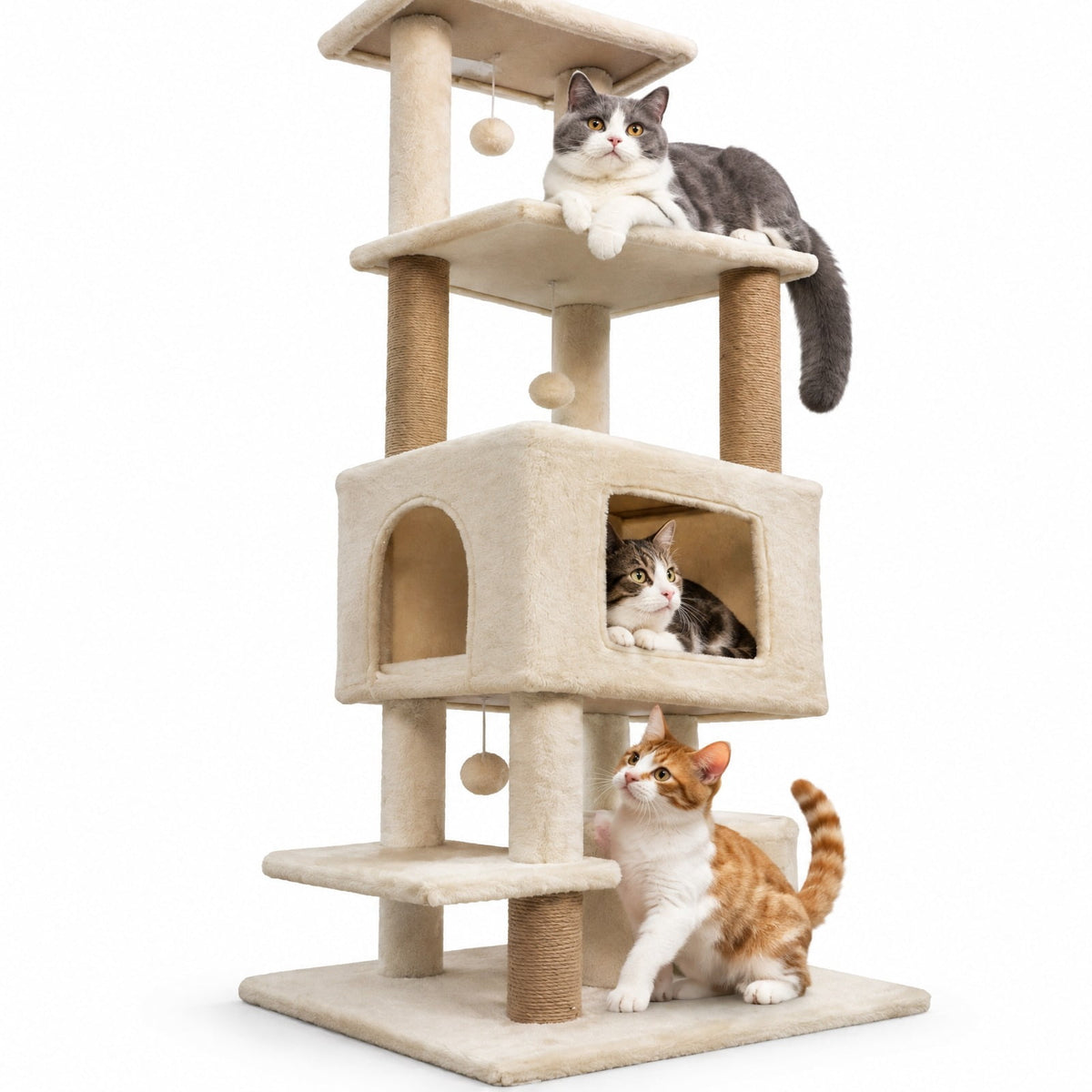 Airfind 64 Inch Tall Cat Tree with 2 Large Condos and Jute Scratching Posts for Indoor Adult Cats, 33 lbs Capacity, Beige