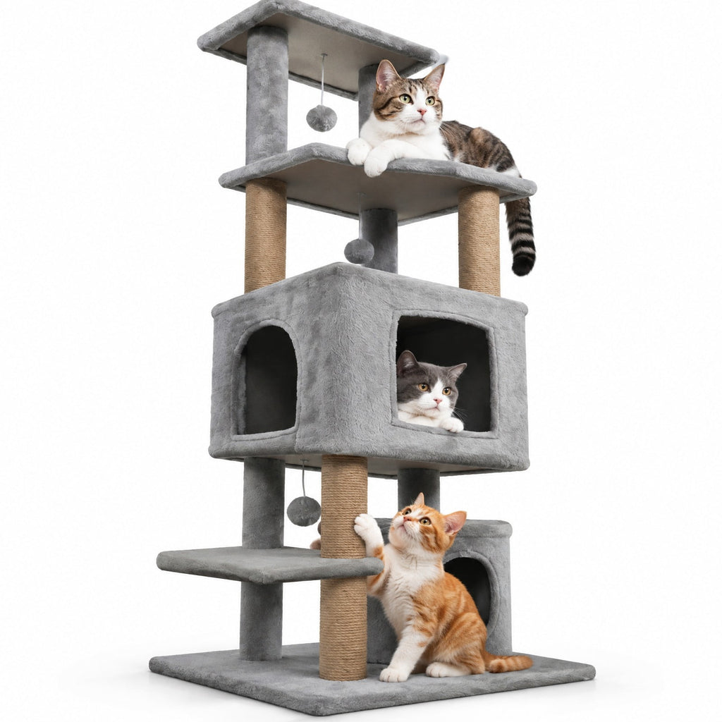 Airfind 64 Inch Tall Cat Tree with 2 Large Condos and Jute Scratching Posts for Indoor Adult Cats, 33 lbs Capacity, Light Grey