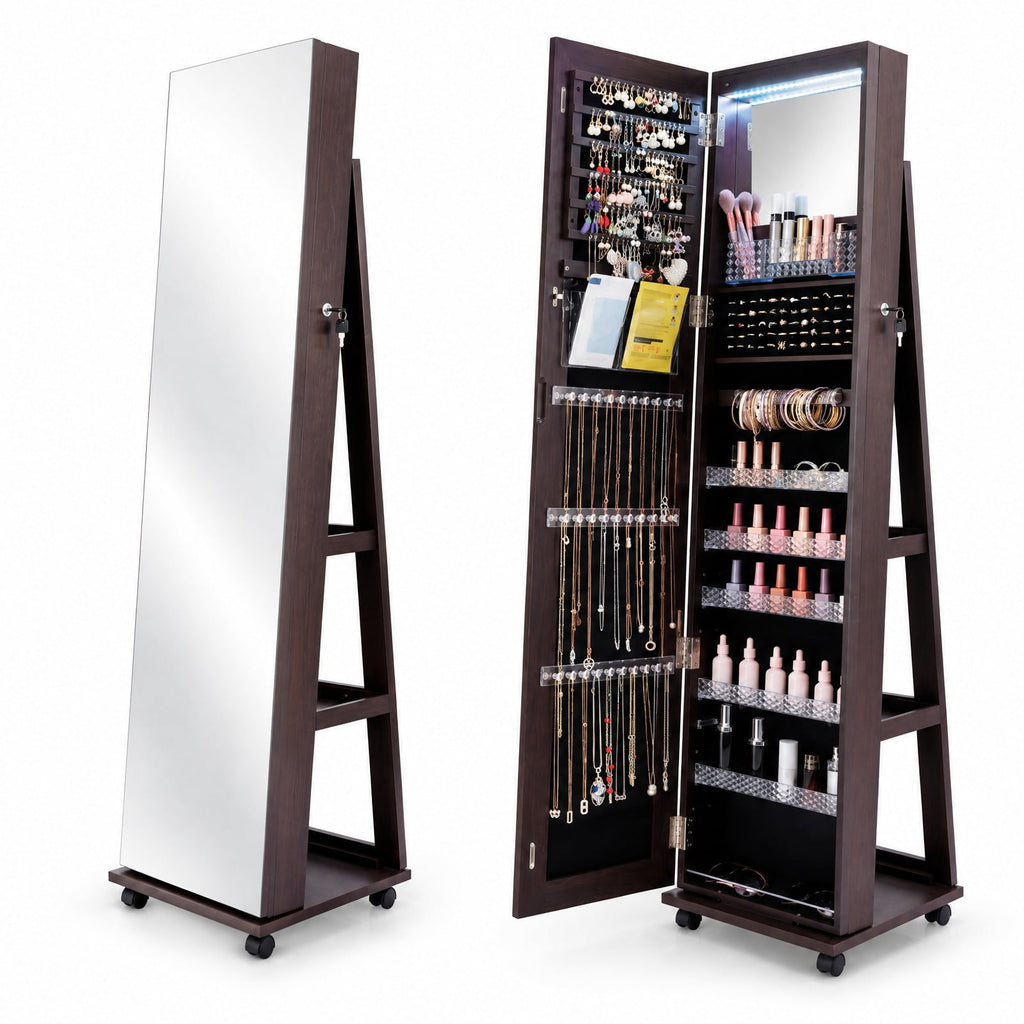 Airfind 64 Inches Lockable Jewelry Cabinet Armoire with Built-in Makeup Mirror, MDF Glass Acrylic Frame, 15.5in x 15in x 64in Full-Length Footprint
