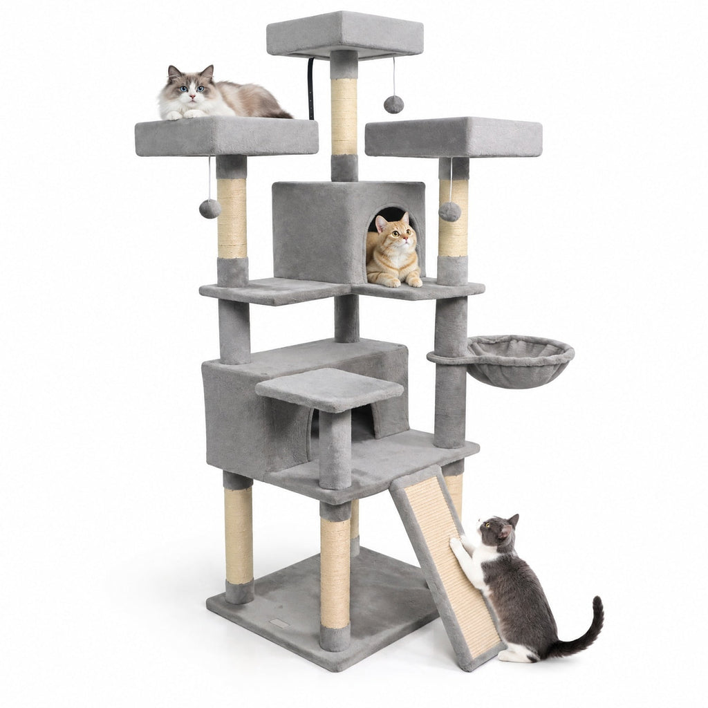Airfind 65 Inch Tall Multi-level Cat Tree with 3 Upholstered Perch and 2 Cat Condos, Fabric Sisal Engineered Wood Overall Height 65 Inch Base Frame