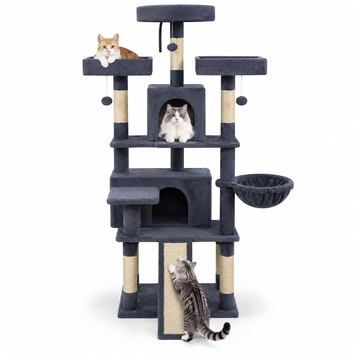 Airfind 65 Inch Tall Multi-level Cat Tree with 3 Upholstered Perch and 2 Cat Condos, Fabric Sisal Engineered Wood Overall Height 65 Inch Base Frame