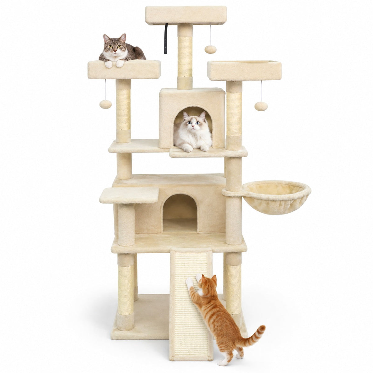 Airfind 65 Inch Tall Multi-level Cat Tree with 3 Upholstered Perch and 2 Cat Condos, Fabric Sisal Engineered Wood Overall Height 65 Inch Base Frame