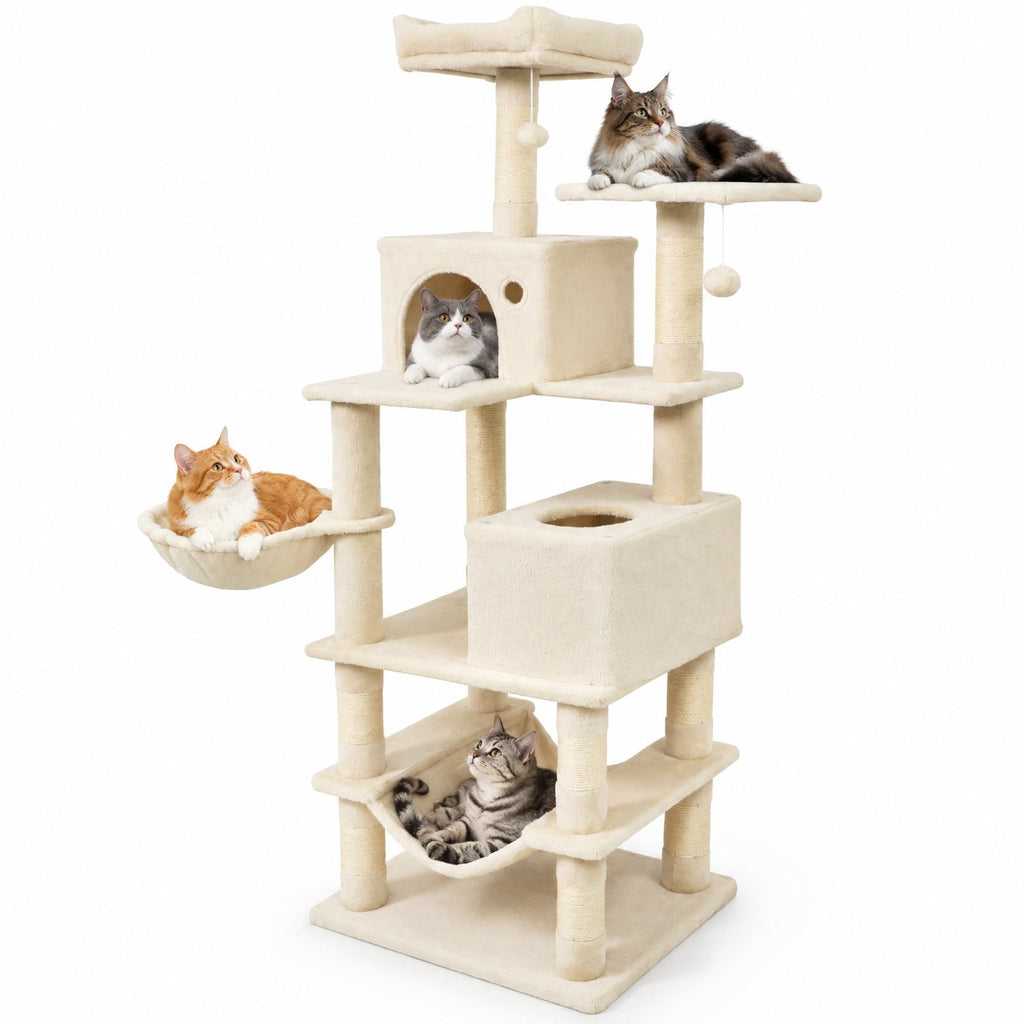 Airfind 66 Inch Tall Cat Tree Multi-Level Cat Tower with 2 Condos Sisal Scratching Posts, 33 lbs Capacity, Beige