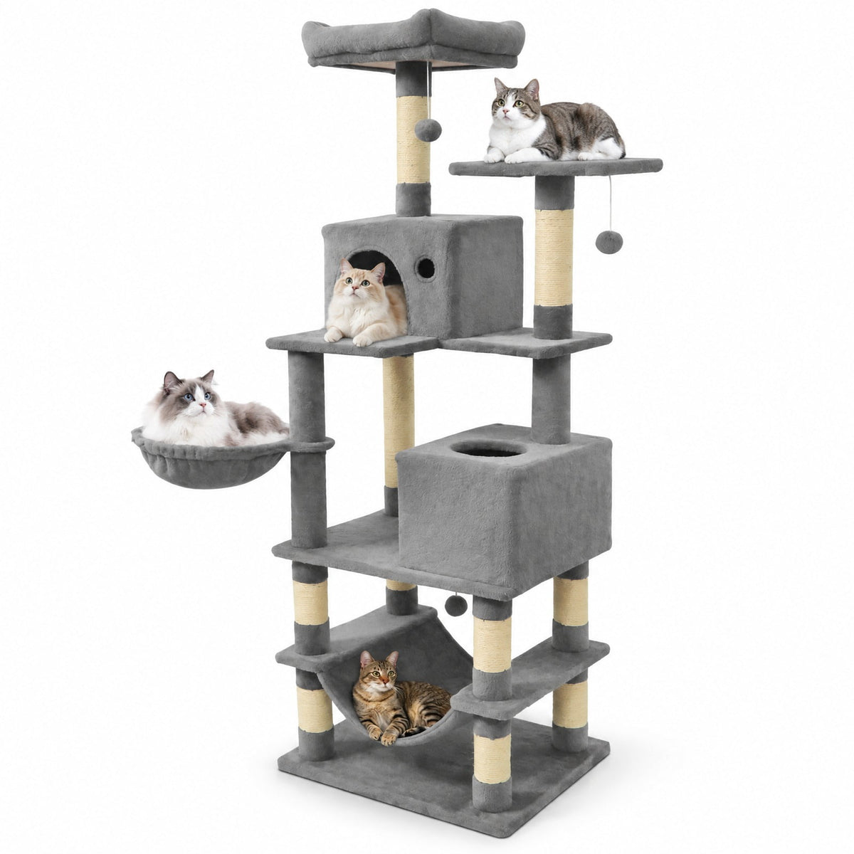 Airfind 66 Inch Tall Cat Tree Multi-Level Cat Tower with 2 Condos Sisal Scratching Posts, 33 lbs Capacity, Light Gray