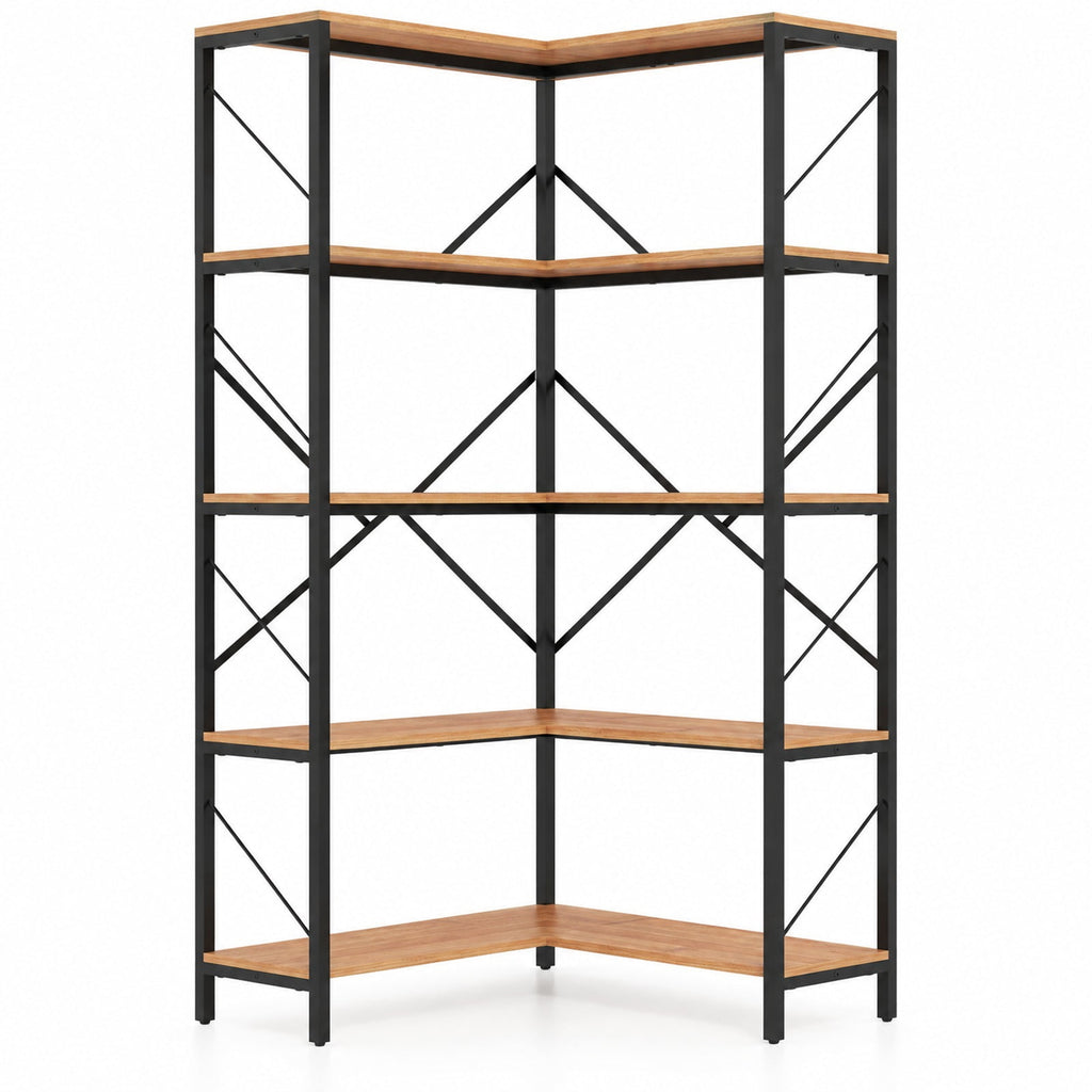 Airfind 66 Tall 5-Tier L-Shaped Bookcase with Metal Frame for Living Room, 44 lbs Capacity, Metal Frame, 31.5 x 31.5 x 66 Footprint, Brown