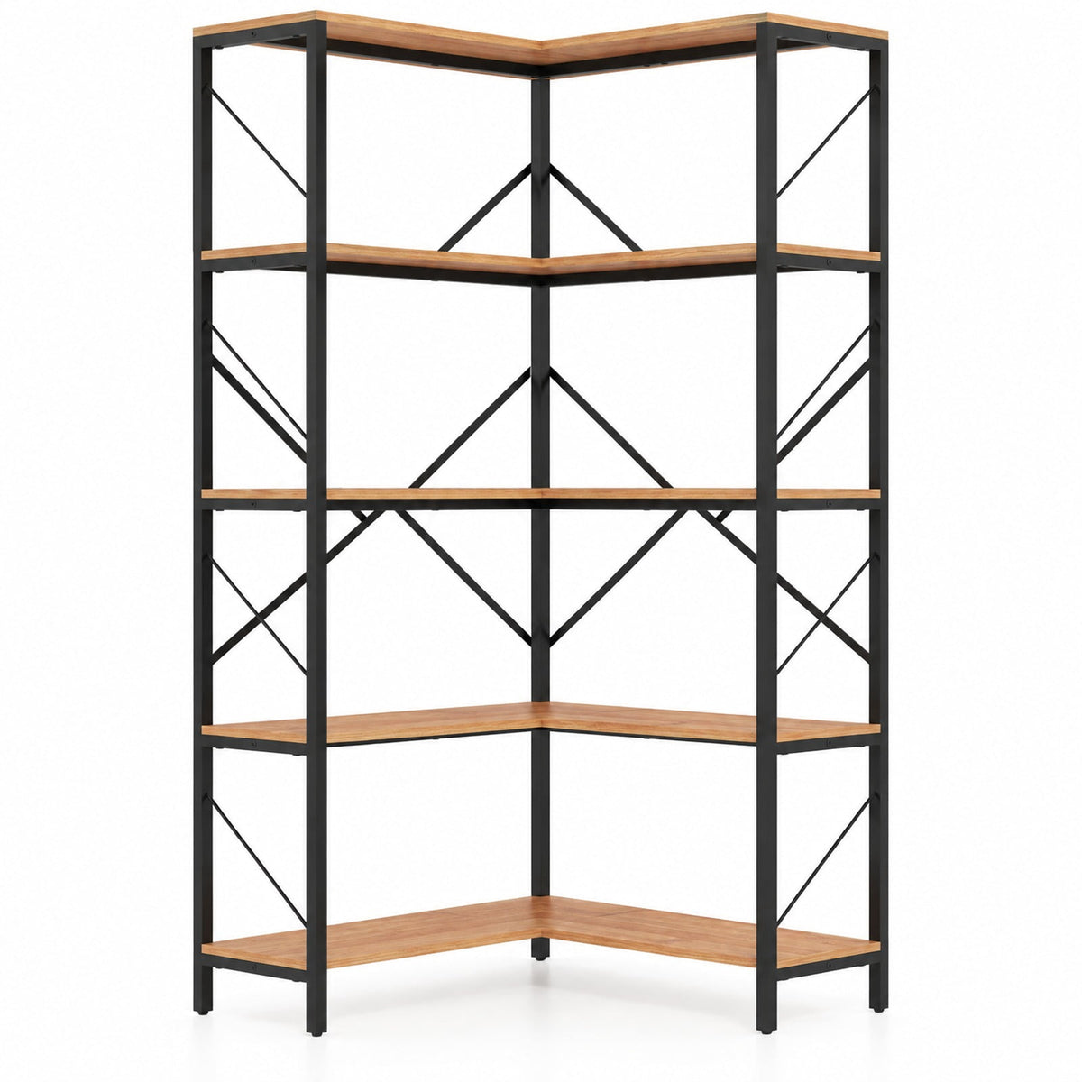 Airfind 66 Tall 5-Tier L-Shaped Bookcase with Metal Frame for Living Room, 44 lbs Capacity, Metal Frame, 31.5 x 31.5 x 66 Footprint, Brown