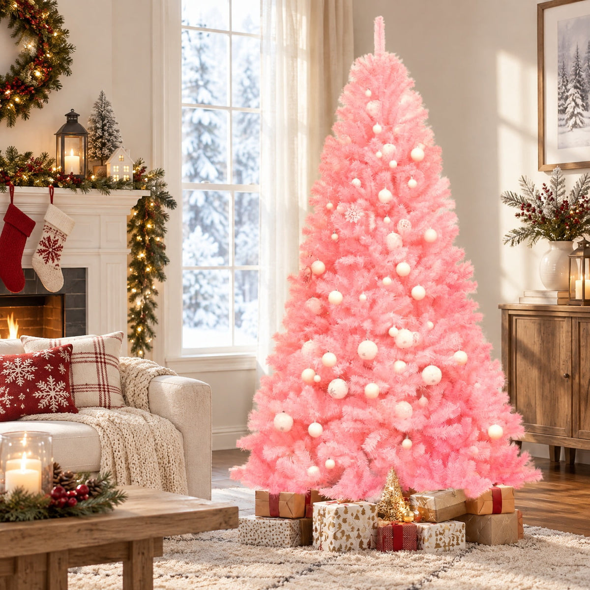 Airfind 7.5 Feet Hinged Artificial Christmas Tree Full Fir Tree, New PVC metal Length:7.5 ft Width:4.3 ft Frame, Pink