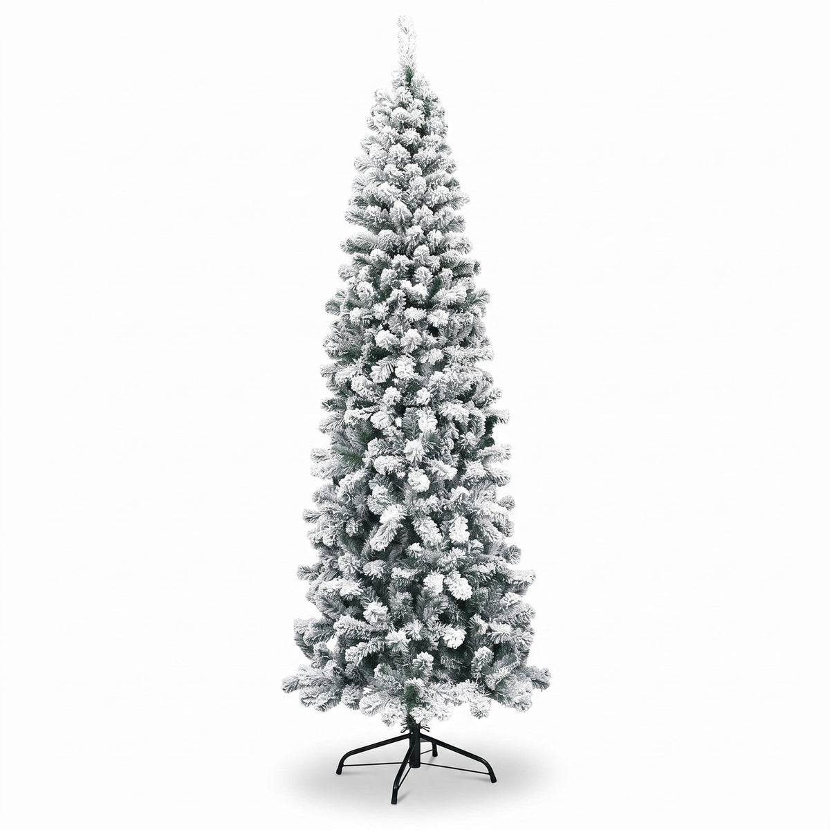 AIRFIND 7.5 ft Pre-Lit Pencil Christmas Tree with 350 Warm White LED Lights, 641 Flocked Branch Tips, Hinged Sections and Folding Metal Stand