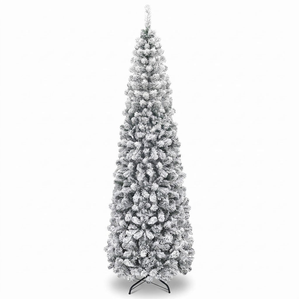 Airfind 7.5 Feet Unlit Hinged Snow Flocked Artificial Pencil Christmas Tree with 641 Tips, PVC Metal Tree Height 7.5 ft Tree Width 2.2 ft Frame