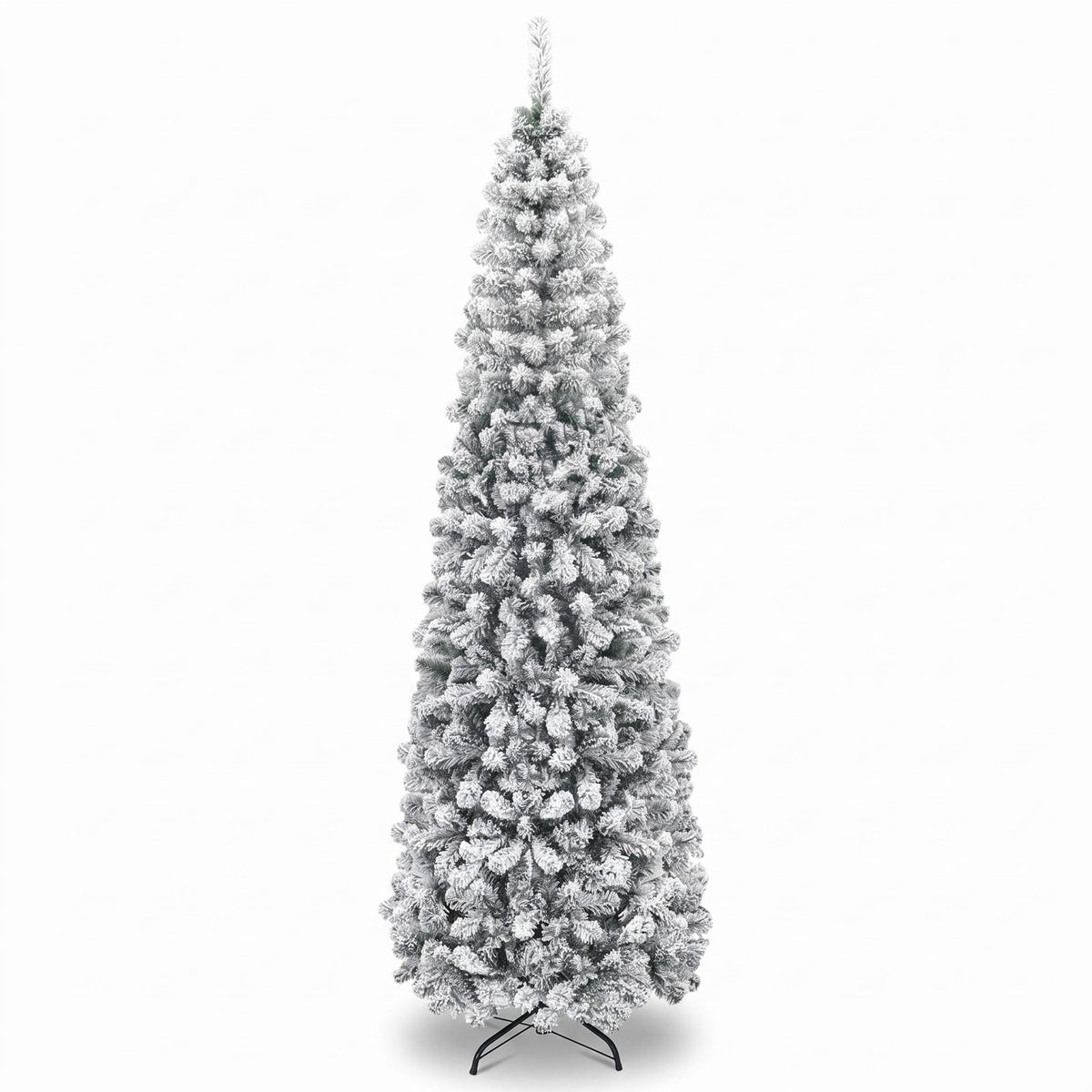 Airfind 7.5 Feet Unlit Hinged Snow Flocked Artificial Pencil Christmas Tree with 641 Tips, PVC Metal Tree Height 7.5 ft Tree Width 2.2 ft Frame
