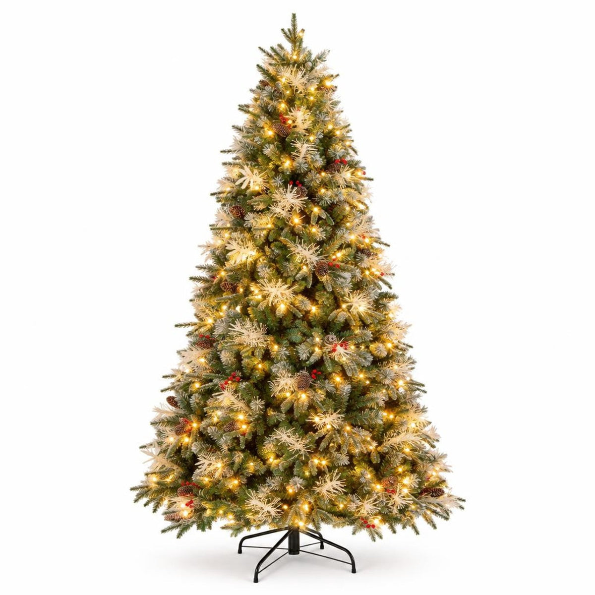Airfind 7 Feet Pre-Lit Artificial Christmas Tree with 8 Modes LED Lights with Berries, PVC PE PET Metal 5 Feet Frame, 3 x 5 ft Footprint, Green