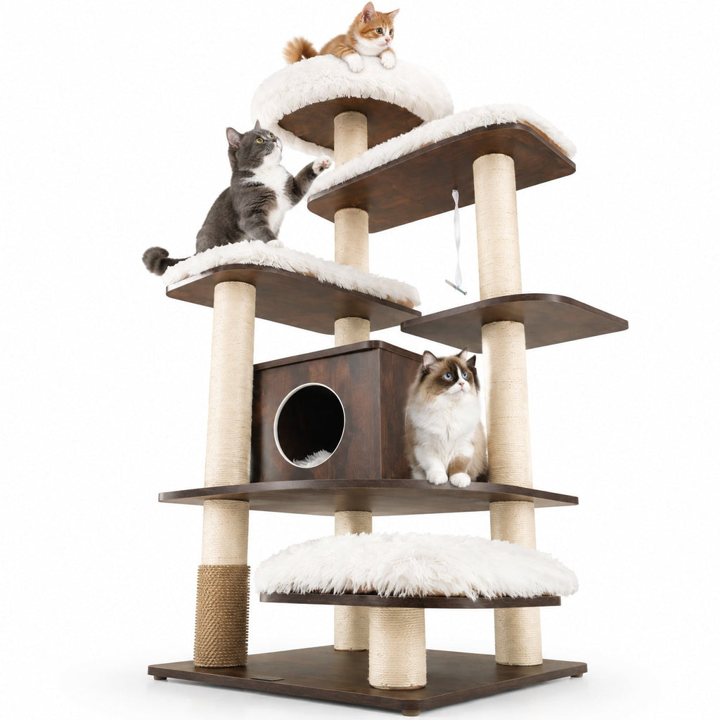 Airfind 7-Layer Wooden Cat Tree Tall Cat Tower with Sisal Posts and Condo, 33 lbs Capacity, Engineering Board Sisal Rope Plush Frame, Brown