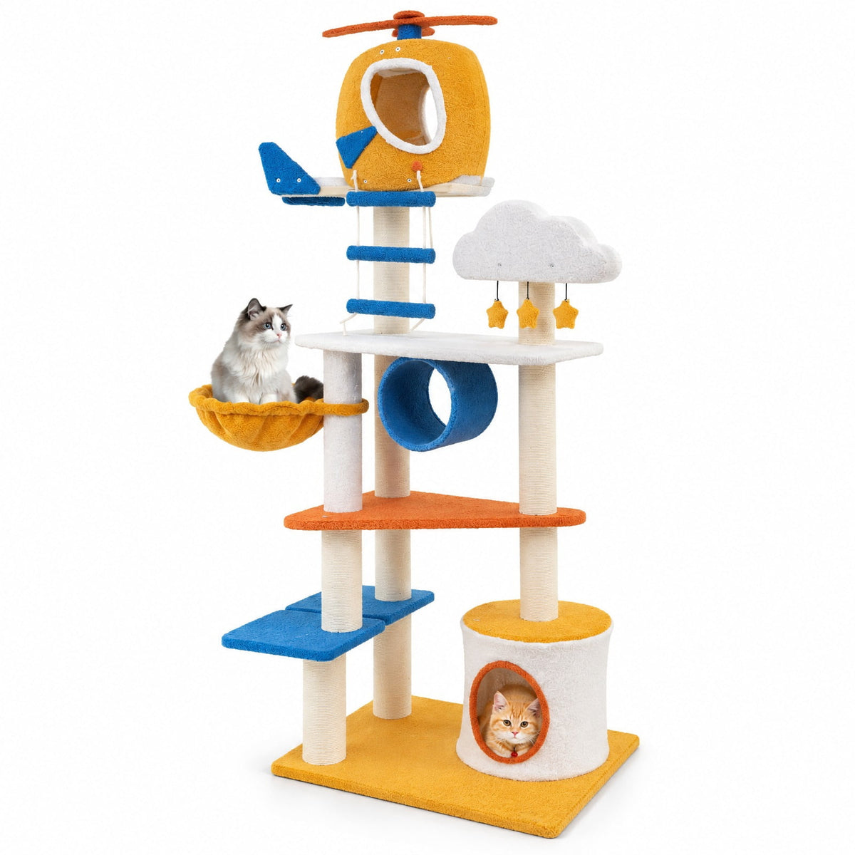 Airfind 70 Inch Tall Aviation-themed Cat Tree with Helicopter Top Perch and Platforms, 22 lbs Capacity, Engineered Wood Sisal Teddy Fleece Frame