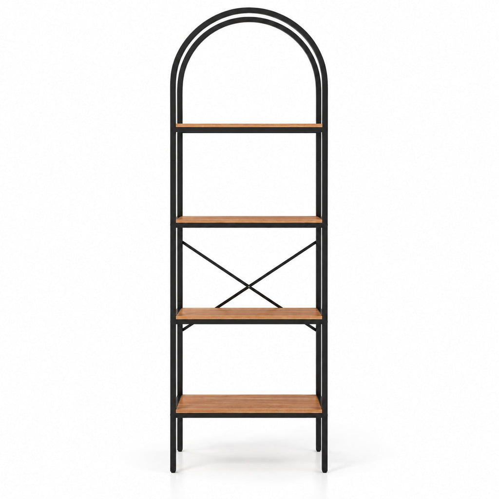 Airfind 71 Inch Tall Arched Bookcase 4-Tier with Storage Shelves and Metal Frame for Home Office-Brown and Black, 44 lbs Capacity, Metal Frame, Brown