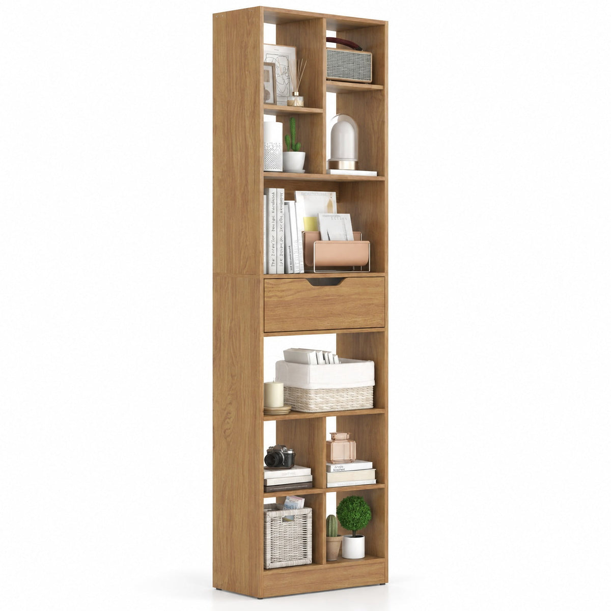 Airfind 71inch Tall Freestanding Bookcase with Drawer 10-Cube Storage Organizer, 205 lbs Capacity, Engineered Wood MDF Frame, Natural
