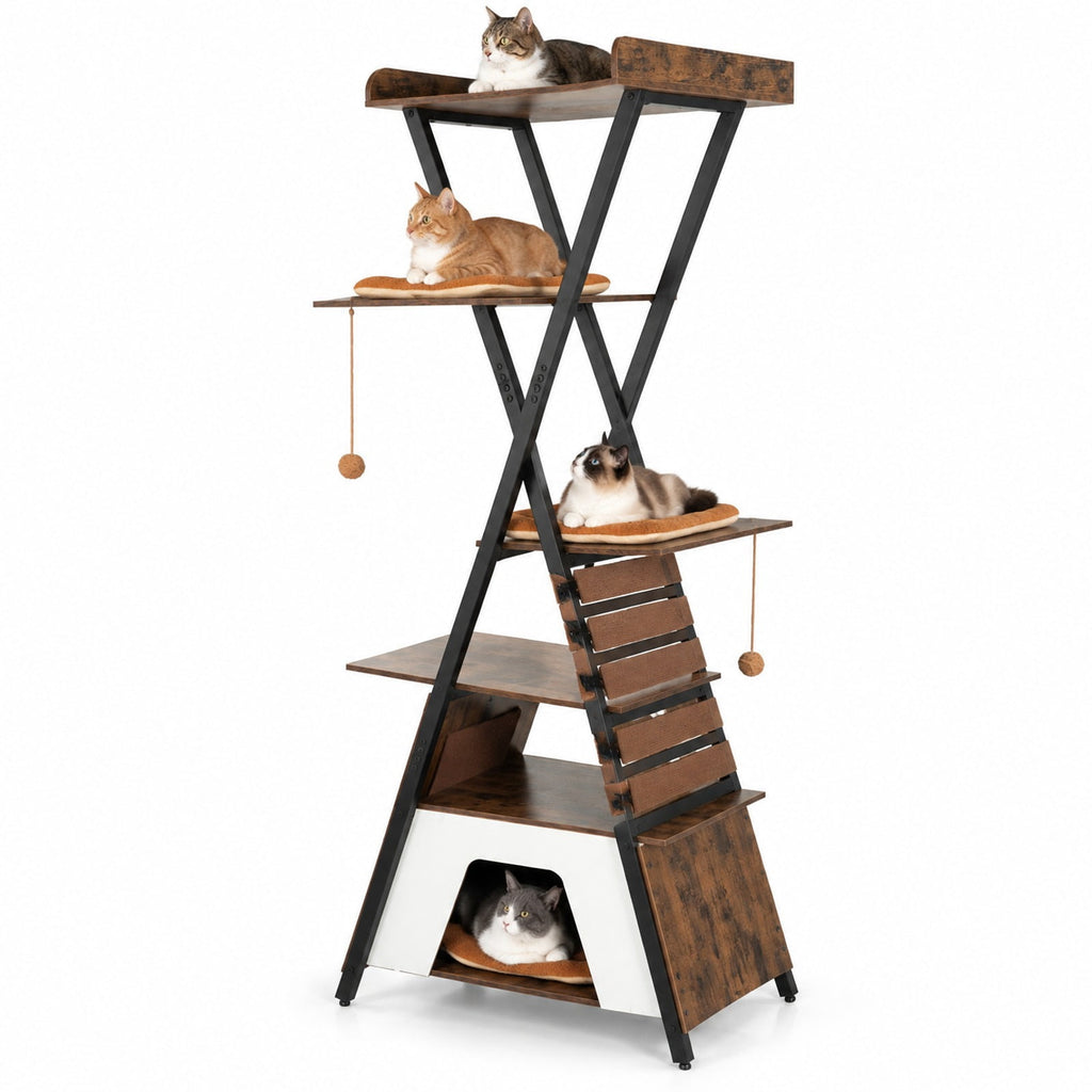 Airfind 73 Inch Multi-level Cat Tree for Indoor Cats with Elevated Perch and Large Condo, 44 lbs Capacity, Engineered Wood Frame, Brown