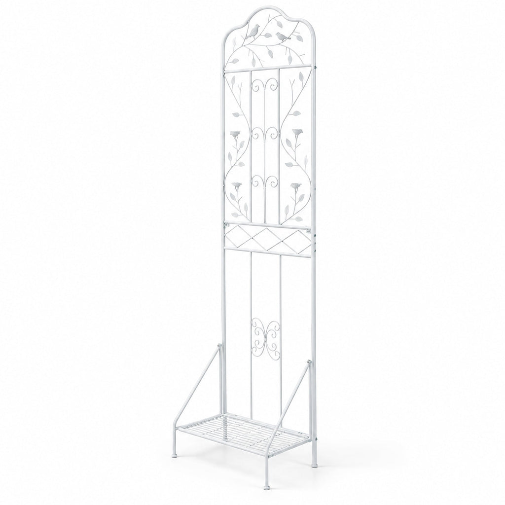 Airfind 75 x 20 Inch Outdoor Metal Garden Trellis with Foldable Bottom Shelf, 33 lbs Capacity, Metal Frame, 20 x 12 x 75 Footprint, White