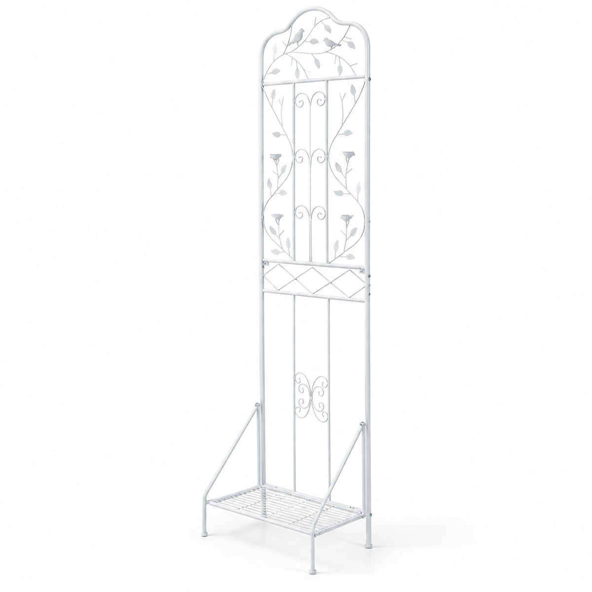 Airfind 75 x 20 Inch Outdoor Metal Garden Trellis with Foldable Bottom Shelf, 33 lbs Capacity, Metal Frame, 20 x 12 x 75 Footprint, White