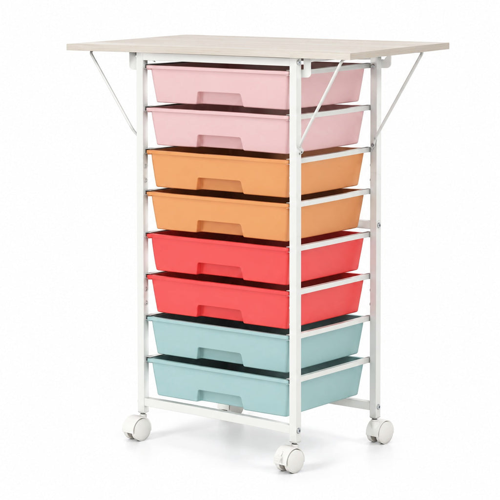 Airfind 8-Drawer Rolling Cart with Wooden Tabletop and Folding Side Panels for Living Room, 33 lbs Capacity, Metal PP Engineered Wood Frame