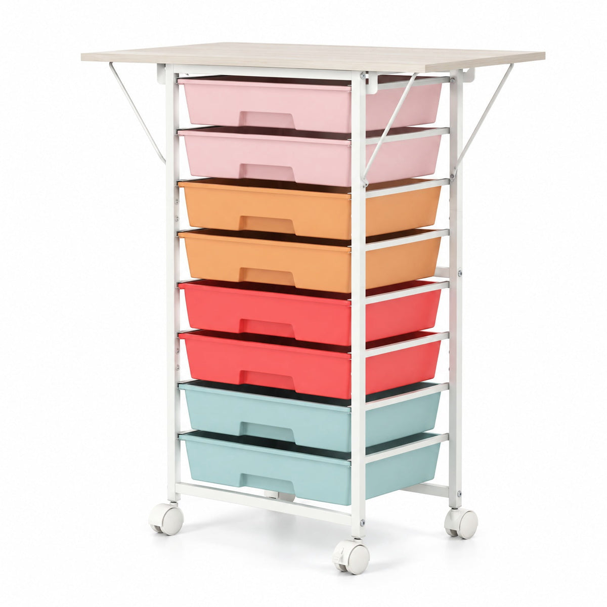 Airfind 8-Drawer Rolling Cart with Wooden Tabletop and Folding Side Panels for Living Room, 33 lbs Capacity, Metal PP Engineered Wood Frame