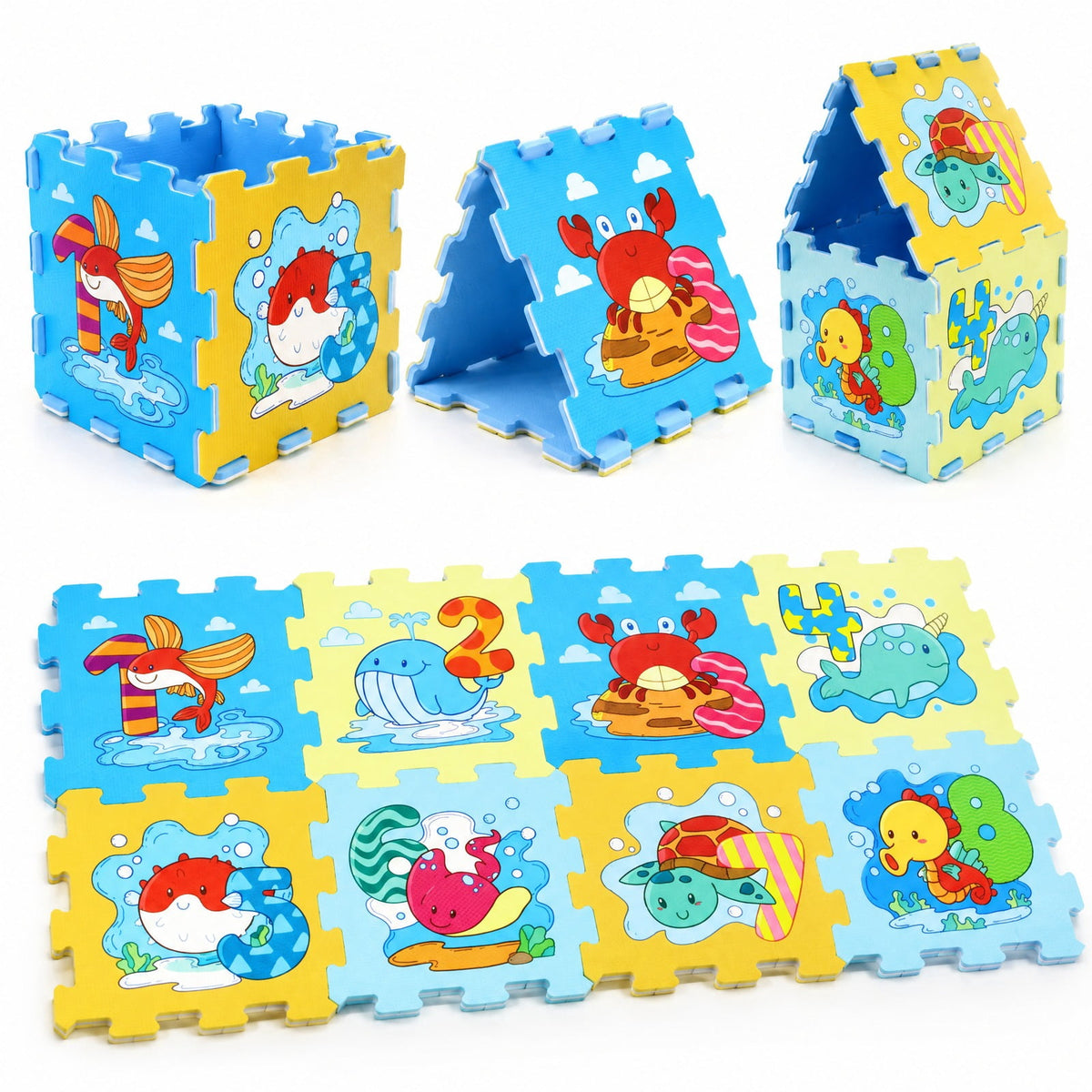 Airfind EVA Foam Baby Play Mat with 8 Interlocking Animal and Number Shapes, Non-Slip Stackable Floor Tiles for 10 Months and Up, Colorful