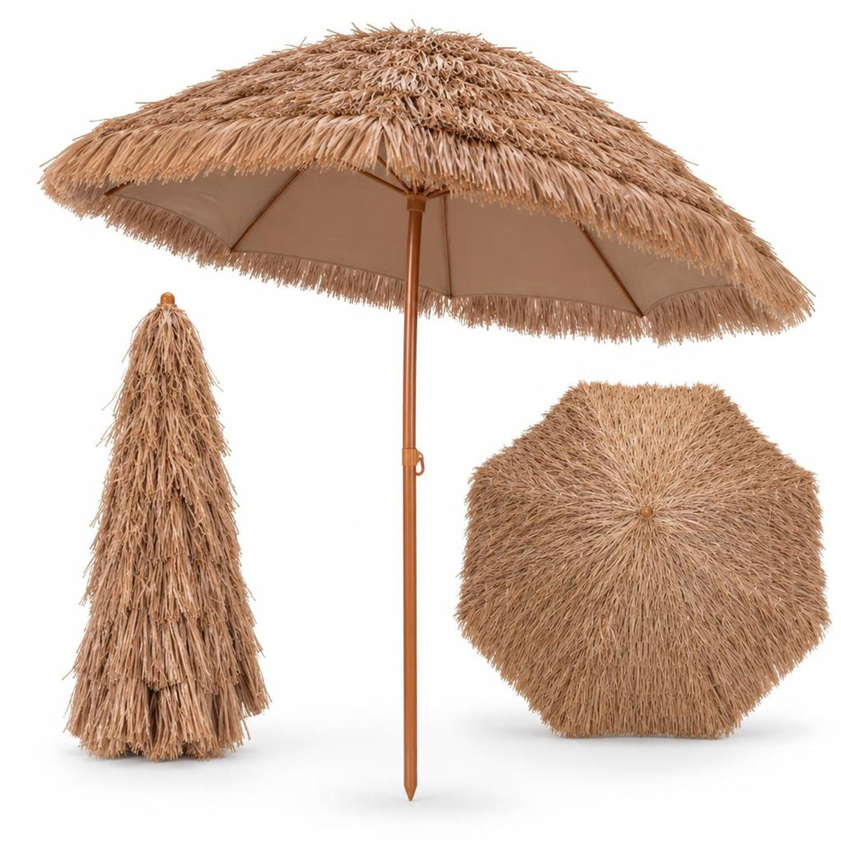 Airfind 8 Feet Patio Thatched Tiki Umbrella Hawaiian Hula Beach Umbrella, Thatch steel Frame, 8 ft x 7.3 ft Footprint, Natural