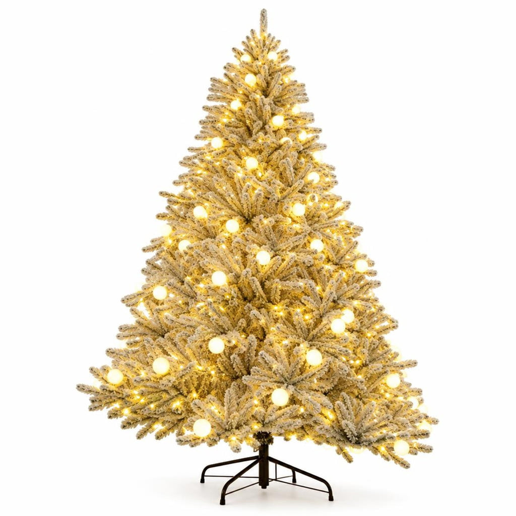 Airfind 8 Feet Snow-flocked Artificial Christmas Tree Pre-lit Hinged with 81 Sphere Lights and Remote, Green White